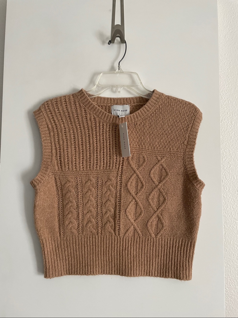 Pink Rose Camel Tan Ribbed Knit Crew Neck Sweater Vest Top NWT